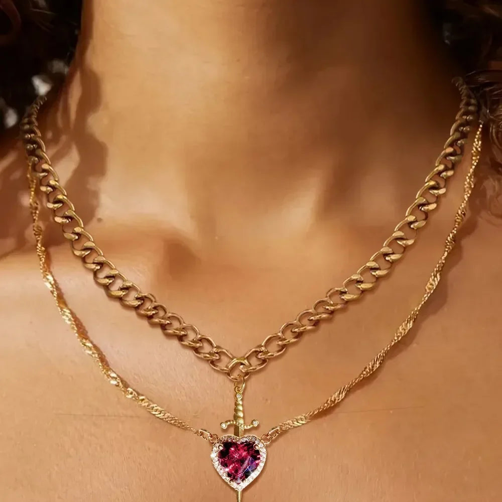 Heart & Sword Couple Necklace Set Valentine Gift
